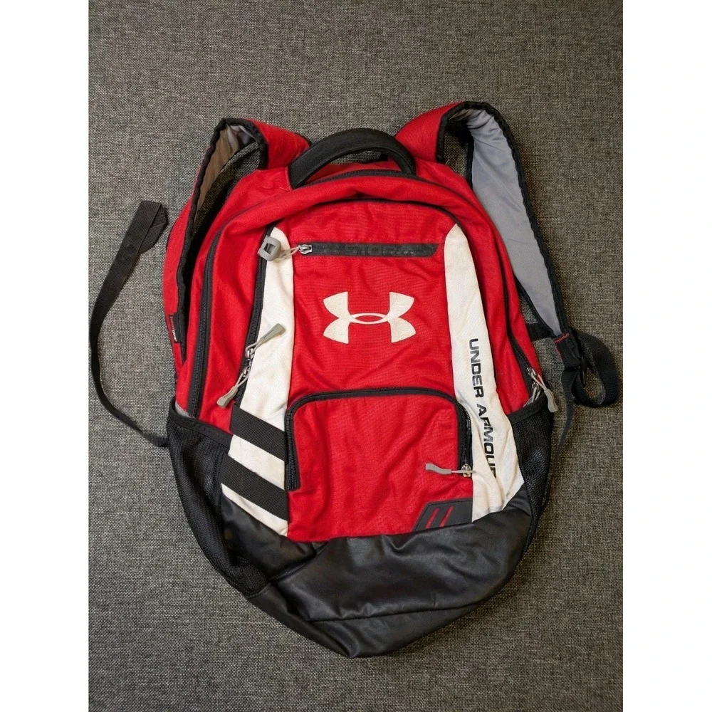 Under Armour Storm Heat Gear Team Hustle Backpack Red Big Logo School Book Bag
